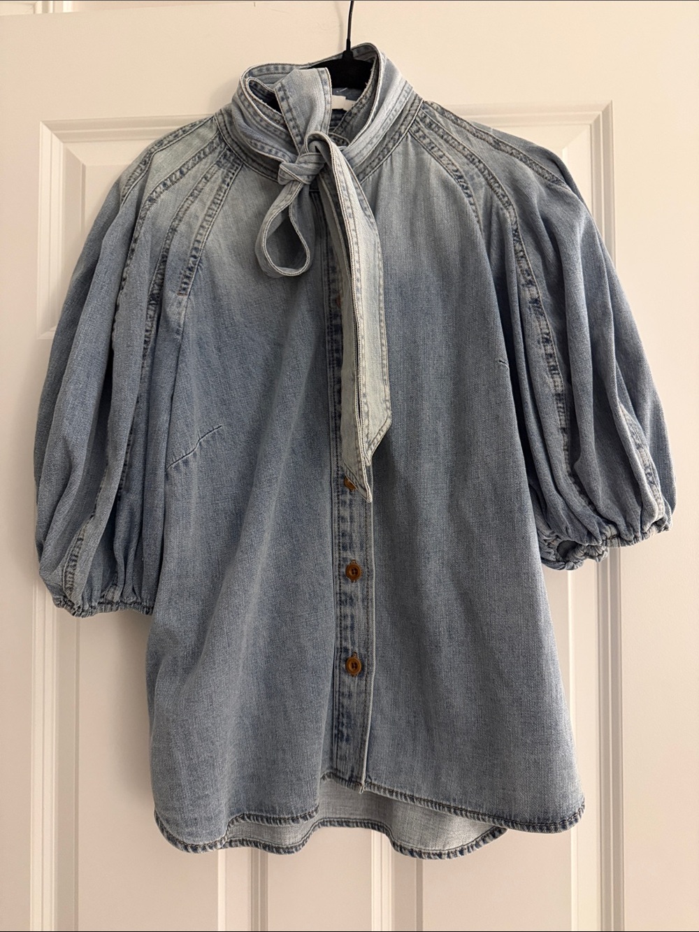 Zimmermann Lantern Light Blue Denim Tie-Neck Puff Sleeve Shirt
